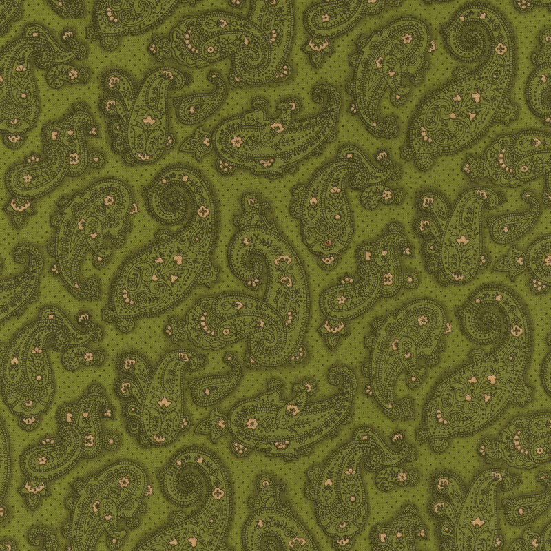 Green paisley fabric pattern with intricate designs and small dotted accents.
