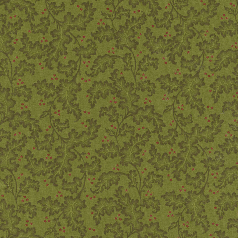 Pattern of green oak leaves with red stars on an olive green background.