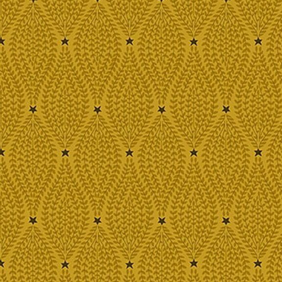 Repeating pattern of intricate leaf shapes in a mustard yellow background with small black stars.