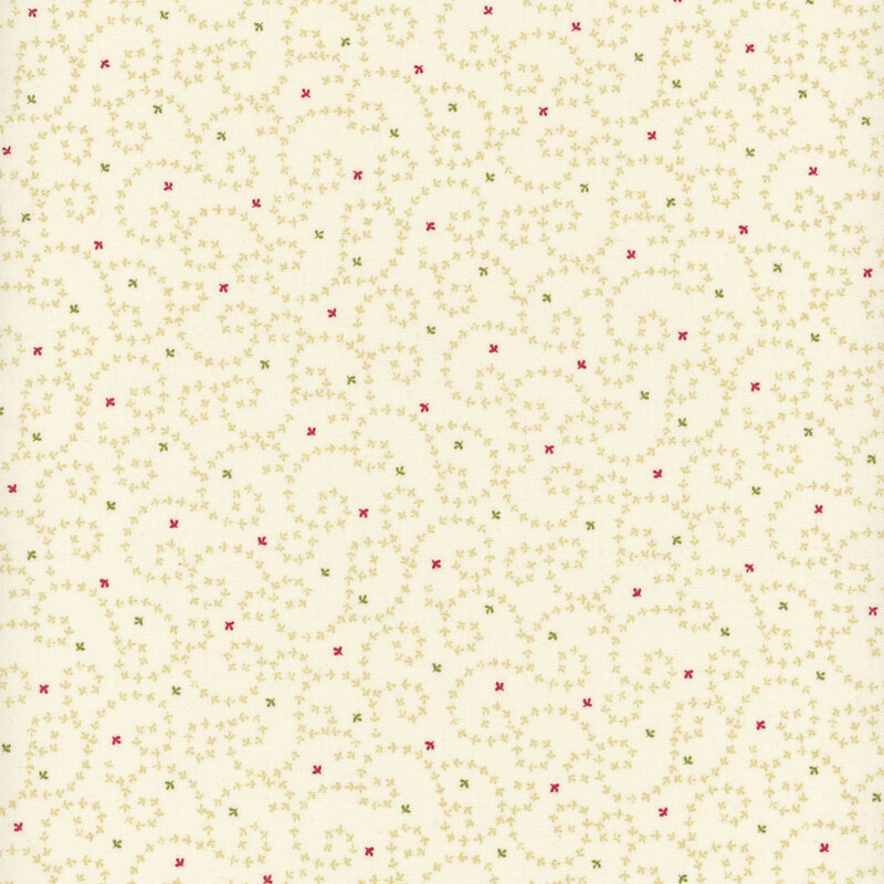 A light cream background with swirling patterns of green leaves and small pink flowers.
