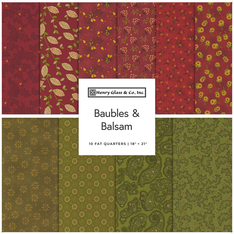 A fabric collage featuring red and green fabrics from the collection Baubles and Balsam by Henry Glass Fabrics.