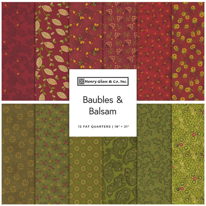 A fabric collage featuring red and green fabrics from the collection Baubles and Balsam by Henry Glass Fabrics.
