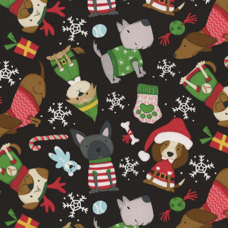 Colorful cartoon dogs in festive outfits against a black background with snowflakes and ornaments.