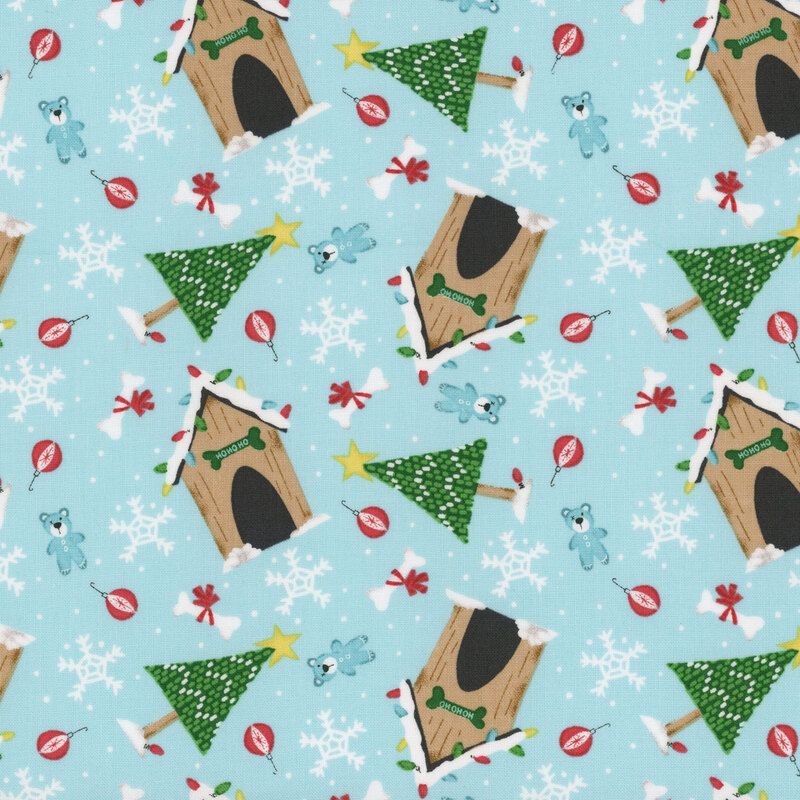 Bright aqua fabric featuring trees, doghouses, ornaments, snowflakes, and a teddy bear.