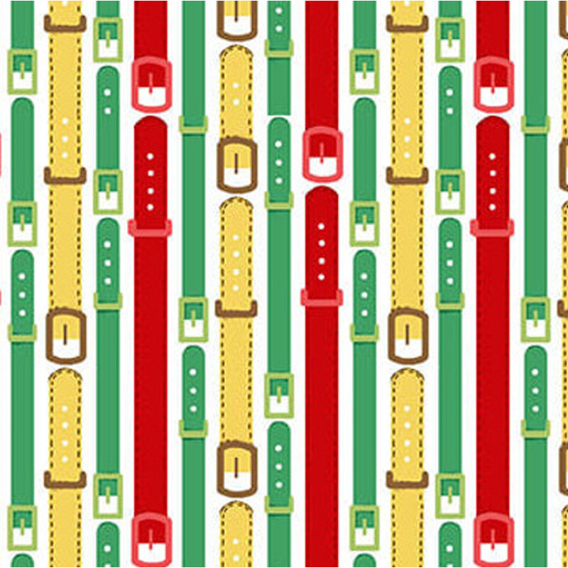 Pattern of colorful pet collars in red, green, and yellow arranged vertically on a white background.