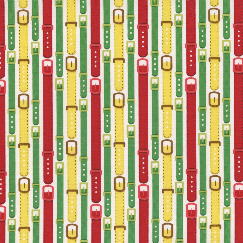 Pattern of colorful pet collars in red, green, and yellow arranged vertically on a white background.