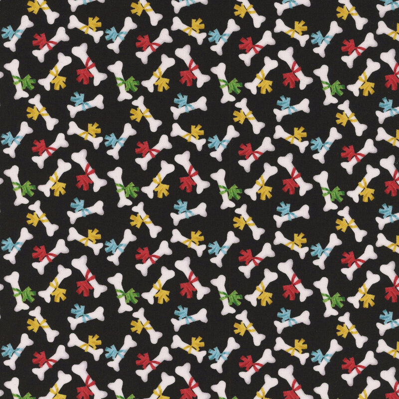 A black background featuring a pattern of colorful dog bones with ribbons in red, yellow, green, and blue