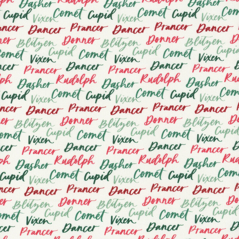 Background pattern featuring the names of Santa's reindeer in red and green cursive on a white background.