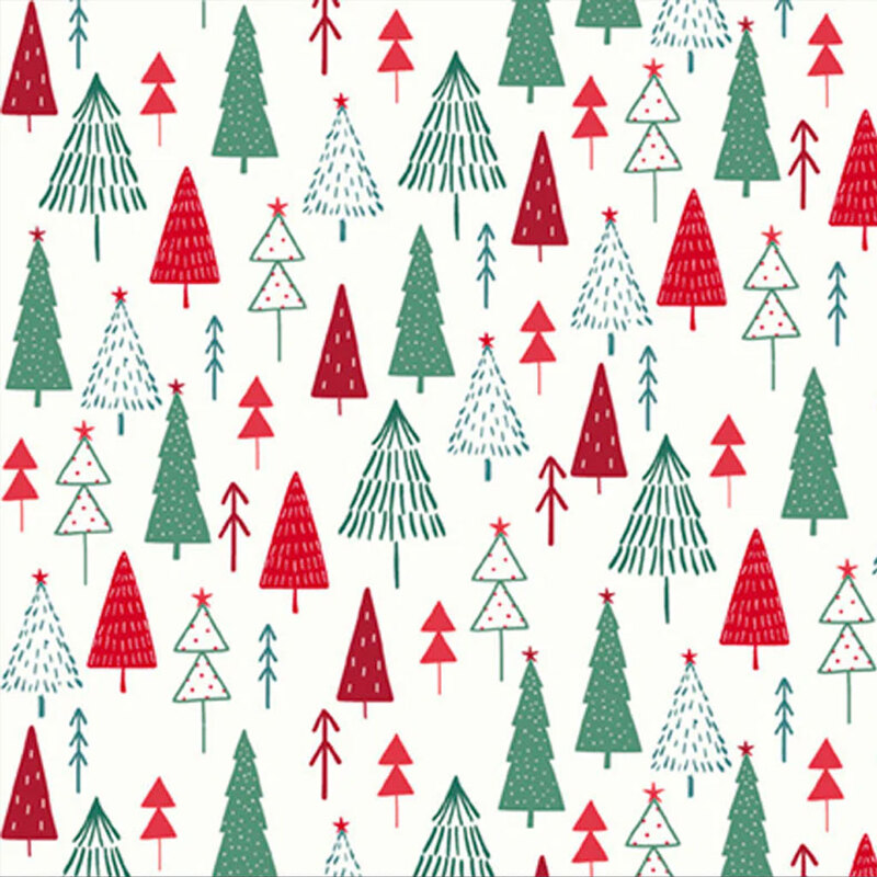 Pattern of Christmas trees in green, red, and white on a light background, creating a festive design.