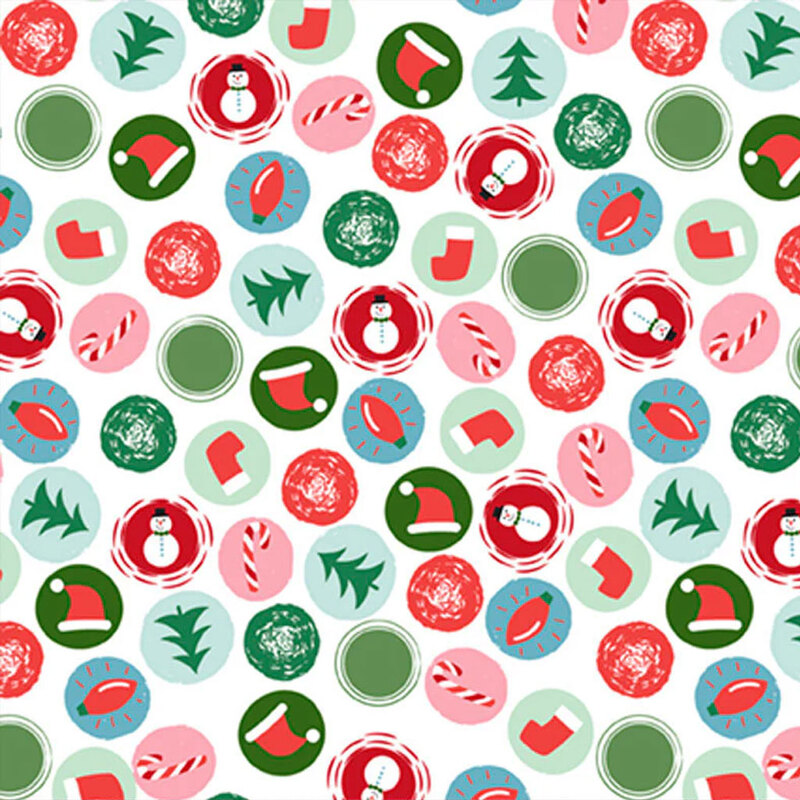 Colorful pattern featuring Christmas motifs: snowmen, stockings, trees, and candy canes in circles.