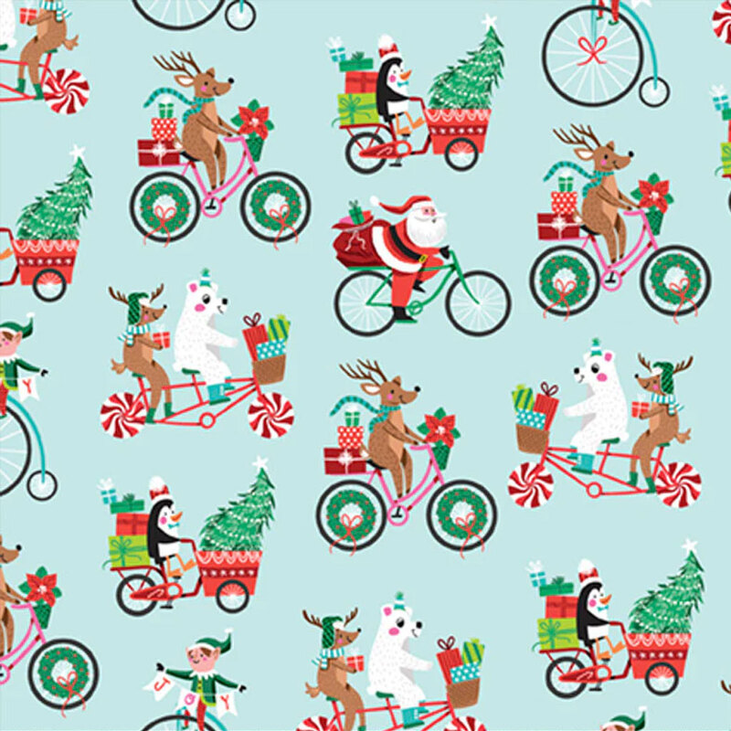 Colorful pattern featuring Santa, reindeer, penguins, and polar bears on bicycles with festive gifts.