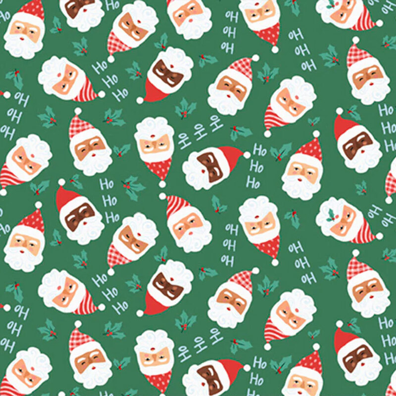 Pattern of cheerful Santa faces and holly on a green background, with Ho Ho Ho text.