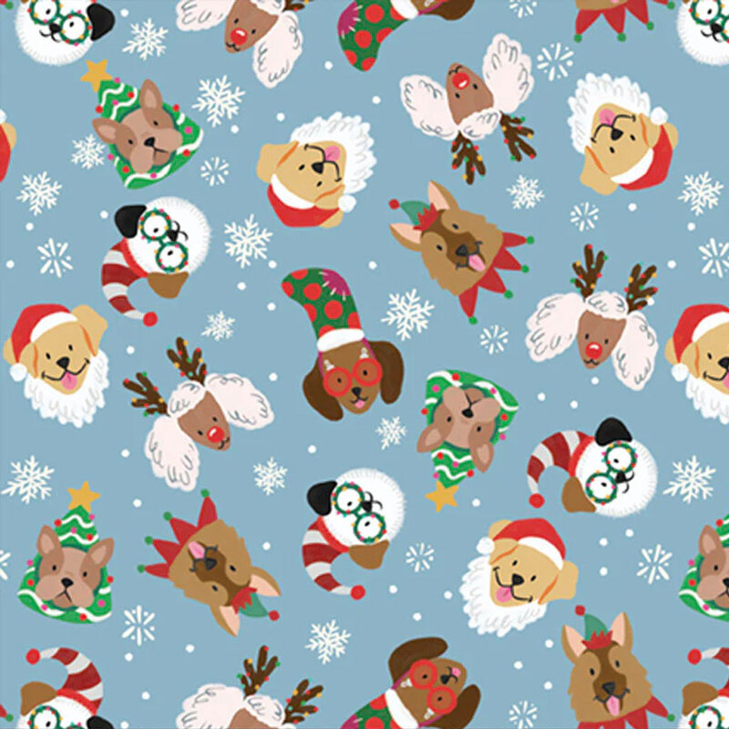 Festive pattern featuring cartoon dogs and sheep wearing holiday hats, glasses, and accessories on blue.