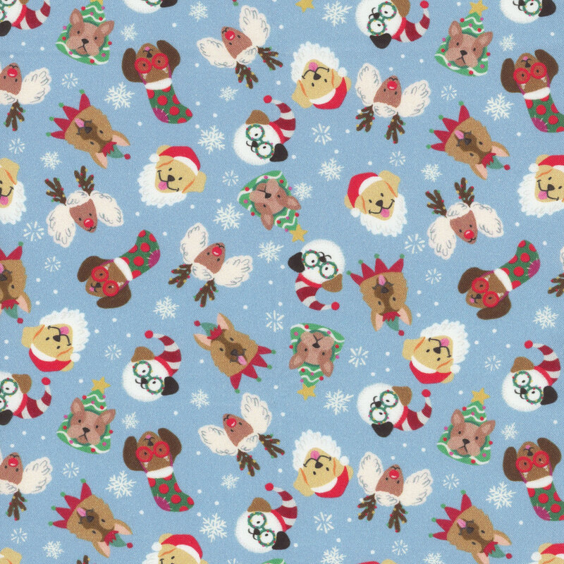 Festive pattern featuring cartoon dogs and sheep wearing holiday hats, glasses, and accessories on blue.