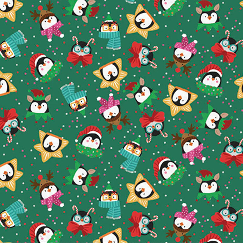 Colorful holiday pattern featuring cute penguins, stars, and festive accessories on a green background.