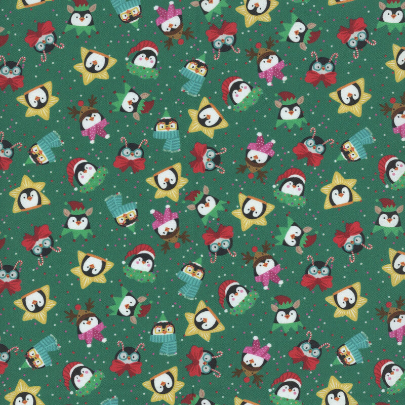 Colorful holiday pattern featuring cute penguins, stars, and festive accessories on a green background.