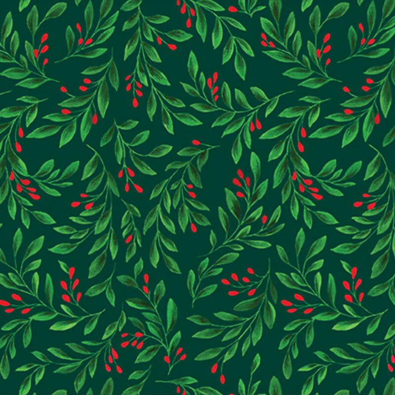 Pattern of green leaves and red berries on a dark green background.