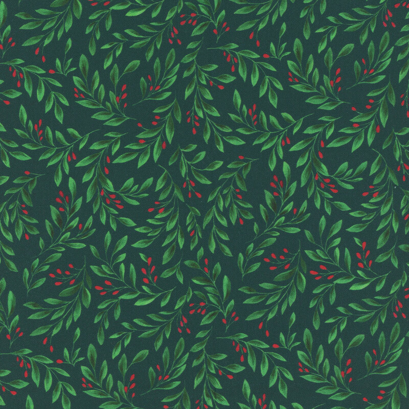 Pattern of green leaves and red berries on a dark green background.