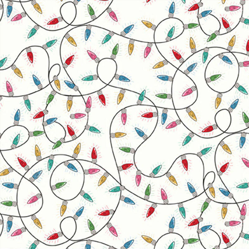 Colorful holiday lights tangled on a white background, creating a playful and festive pattern.