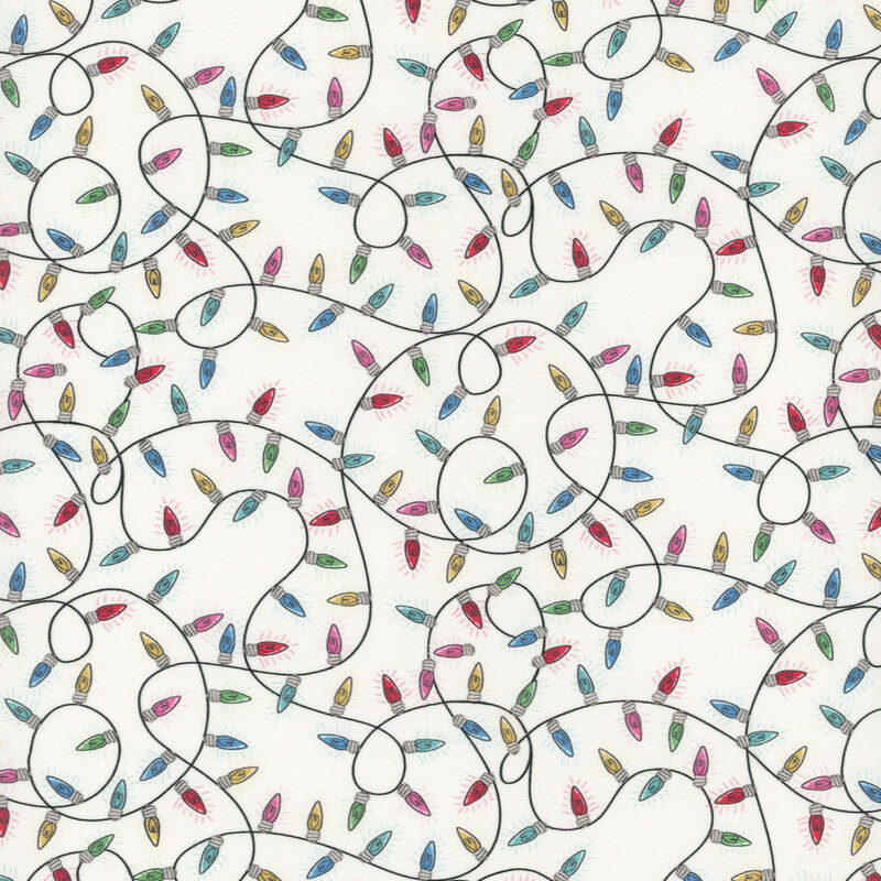 Colorful holiday lights tangled on a white background, creating a playful and festive pattern.