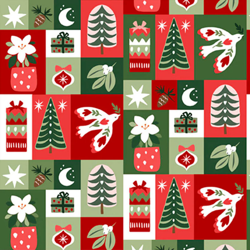 A festive pattern featuring Christmas trees, flowers, gifts, and birds in red, green, and white.