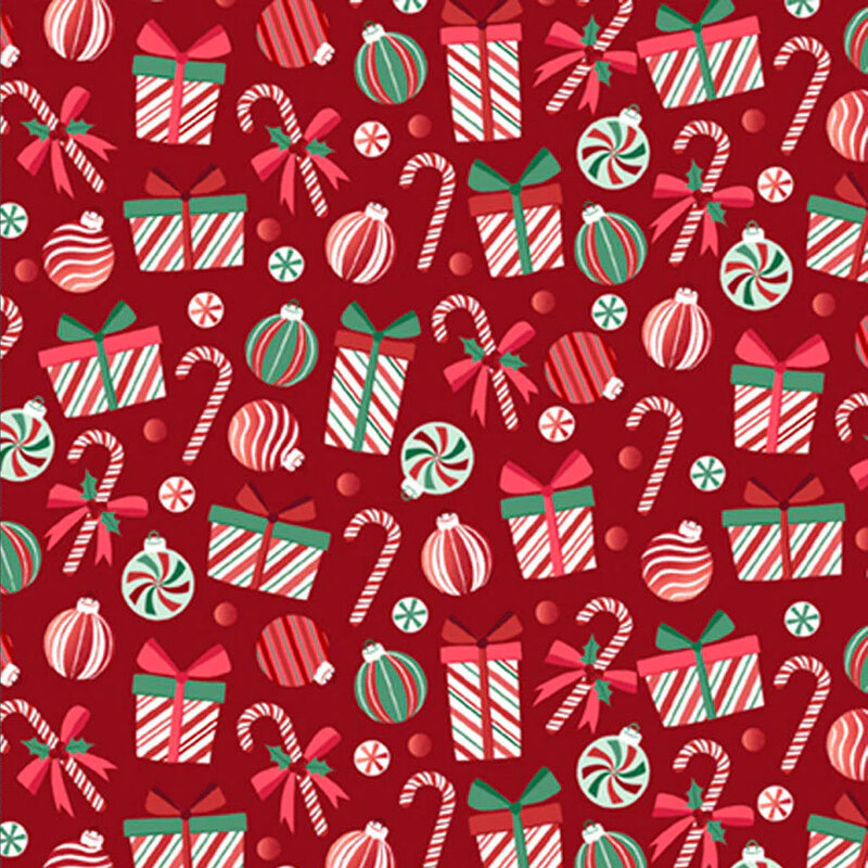 Red background filled with holiday-themed gifts, ornaments, candy canes, and festive sweets.