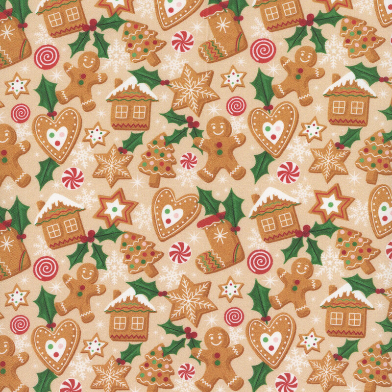 A festive pattern featuring gingerbread cookies, holiday decorations, stars, and candy on a tan background.