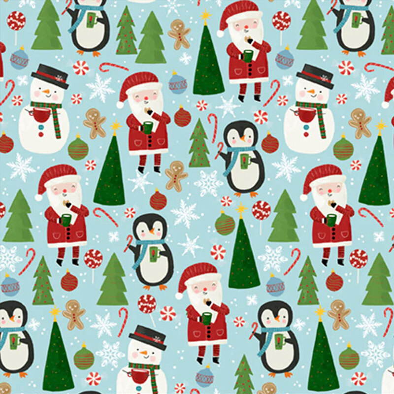 A festive pattern featuring Santa, snowmen, penguins, Christmas trees, and ornaments on a light blue background.