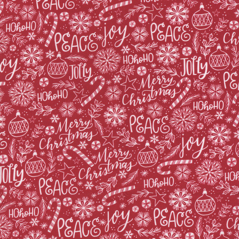 Red background featuring festive words and symbols: Merry Christmas, Joy, Peace, and snowflakes.