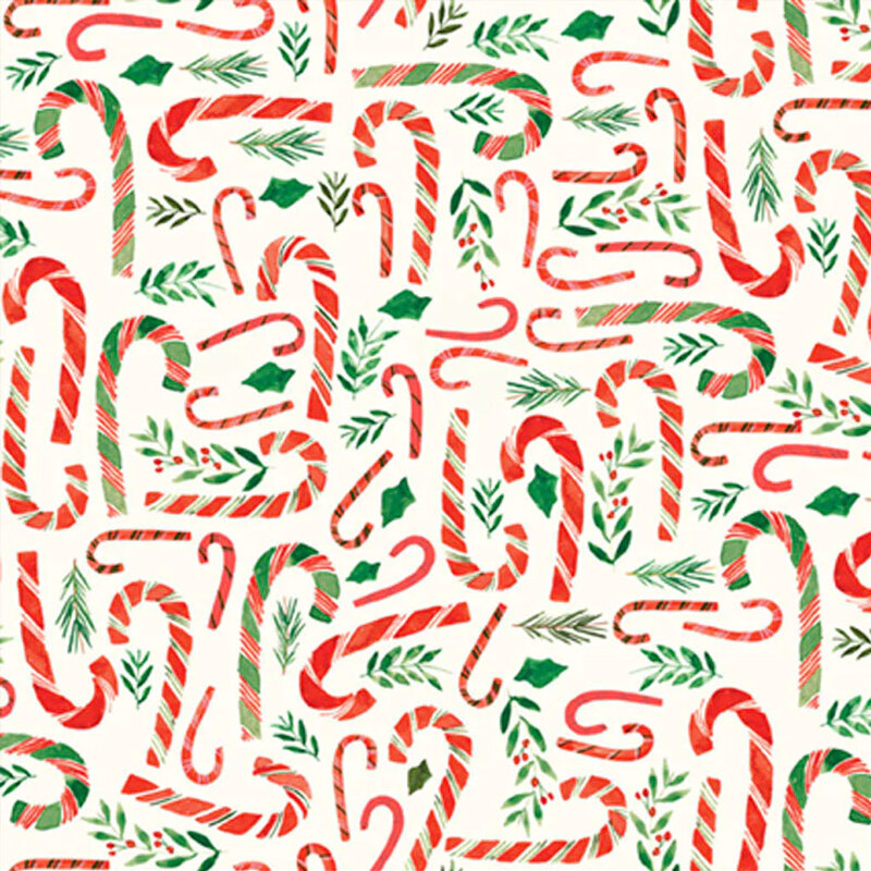 A festive pattern of red and white candy canes intertwined with green leaves and holly.