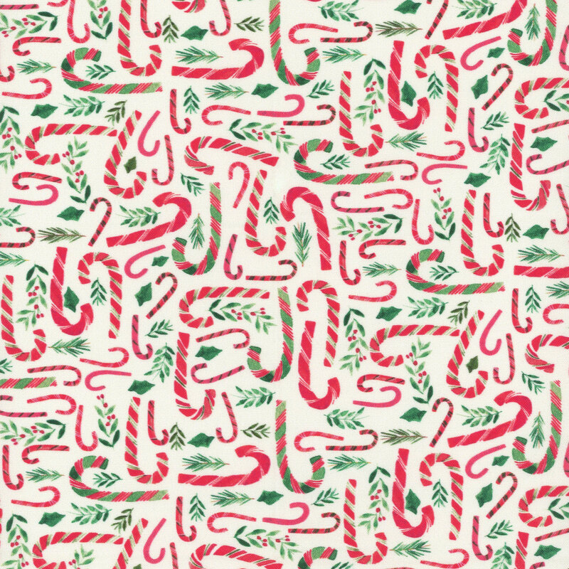 A festive pattern of red and white candy canes intertwined with green leaves and holly.