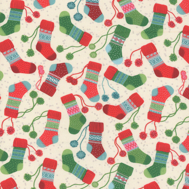 Colorful Christmas stockings in various patterns scattered on a light background.