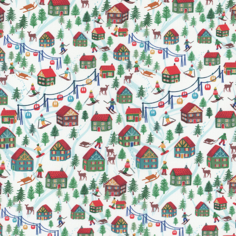 A whimsical winter scene featuring colorful houses, trees, skiers, and deer on a white background.