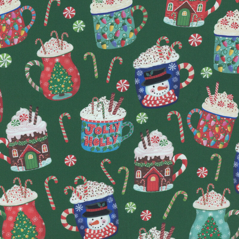 A festive pattern featuring colorful mugs of cocoa, candy canes, and snowmen on a green background.