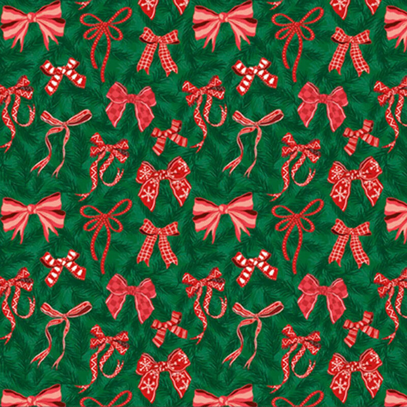 A festive pattern featuring red bows and candy canes on a green background.