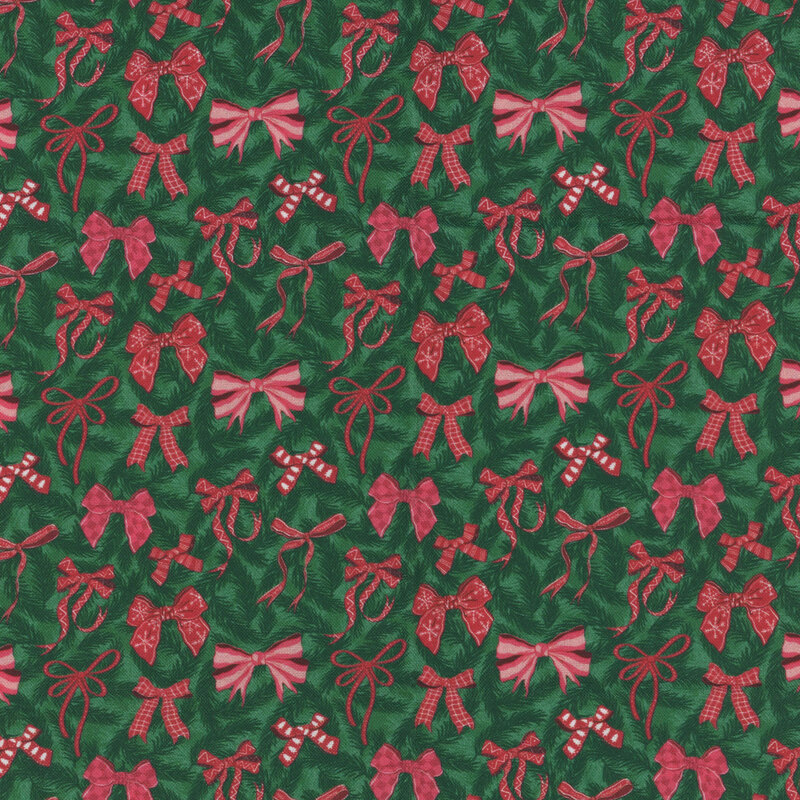 A festive pattern featuring red bows and candy canes on a green background.
