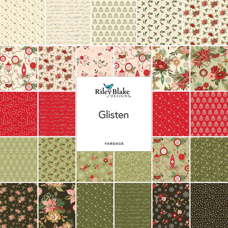 A collage of red, green, black, white, and pink fabrics with a center label stating Glisten by Riley Blake Deisgns