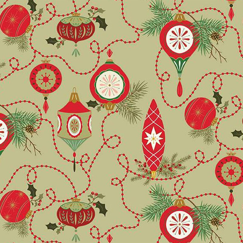 Fabric pattern featuring red and green Christmas ornaments and pine branches on a green background