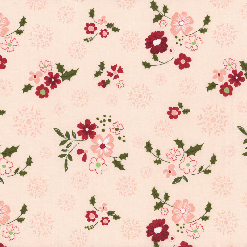 Patterned fabric featuring red and pink flowers, green leaves, and subtle snowflake designs on a pink background.