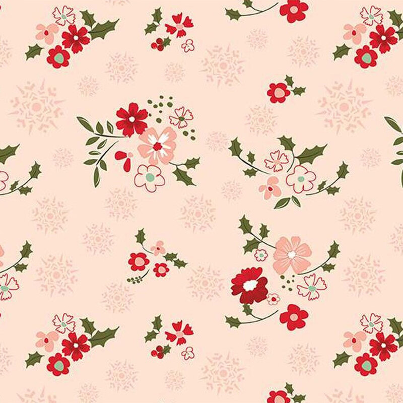 Patterned fabric featuring red and pink flowers, green leaves, and subtle snowflake designs on a pink background.