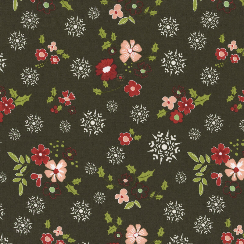 Patterned fabric featuring red and pink flowers, green leaves, and white snowflake designs on a dark green background.