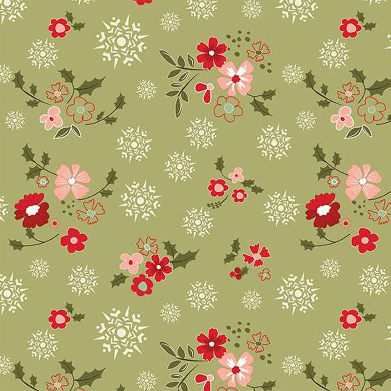 Patterned fabric featuring red and pink flowers, green leaves, and white snowflake designs on a green background.