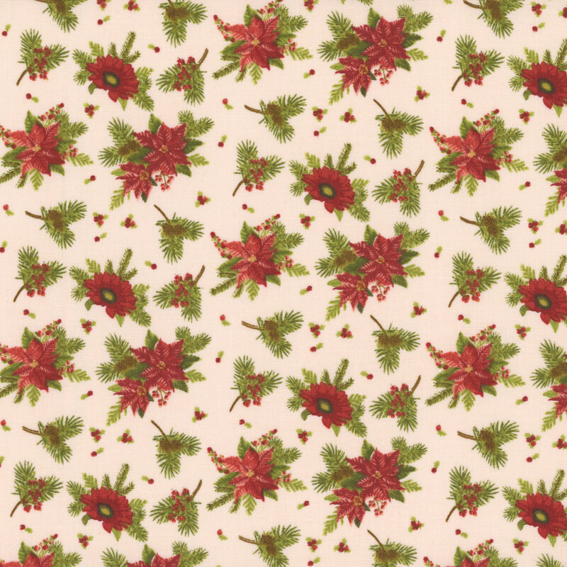 Floral fabric pattern with red poinsettias and green pine branches on a light pink background.