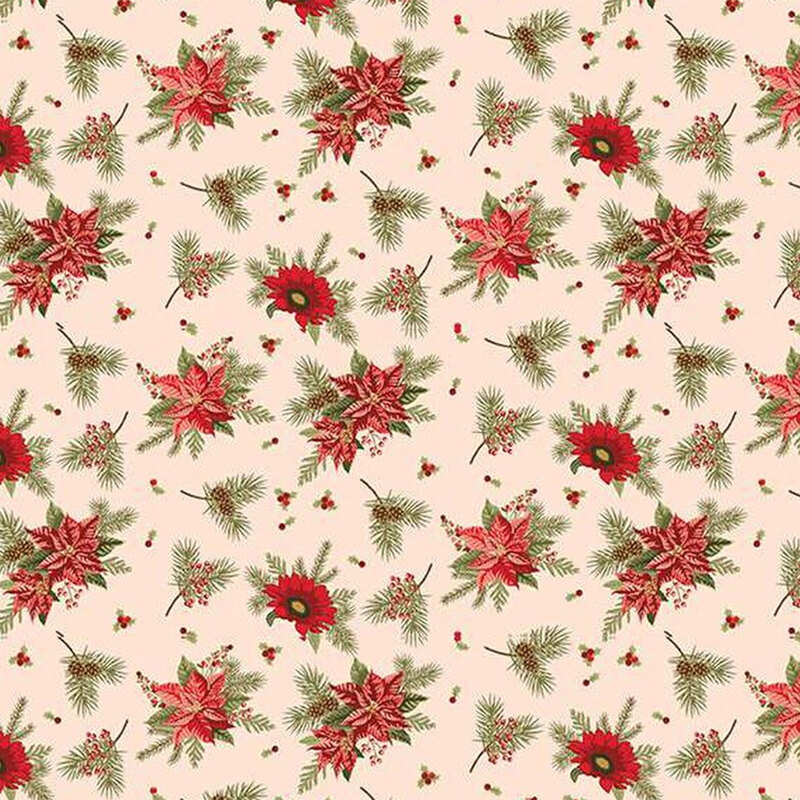 Floral fabric pattern with red poinsettias and green pine branches on a light pink background.