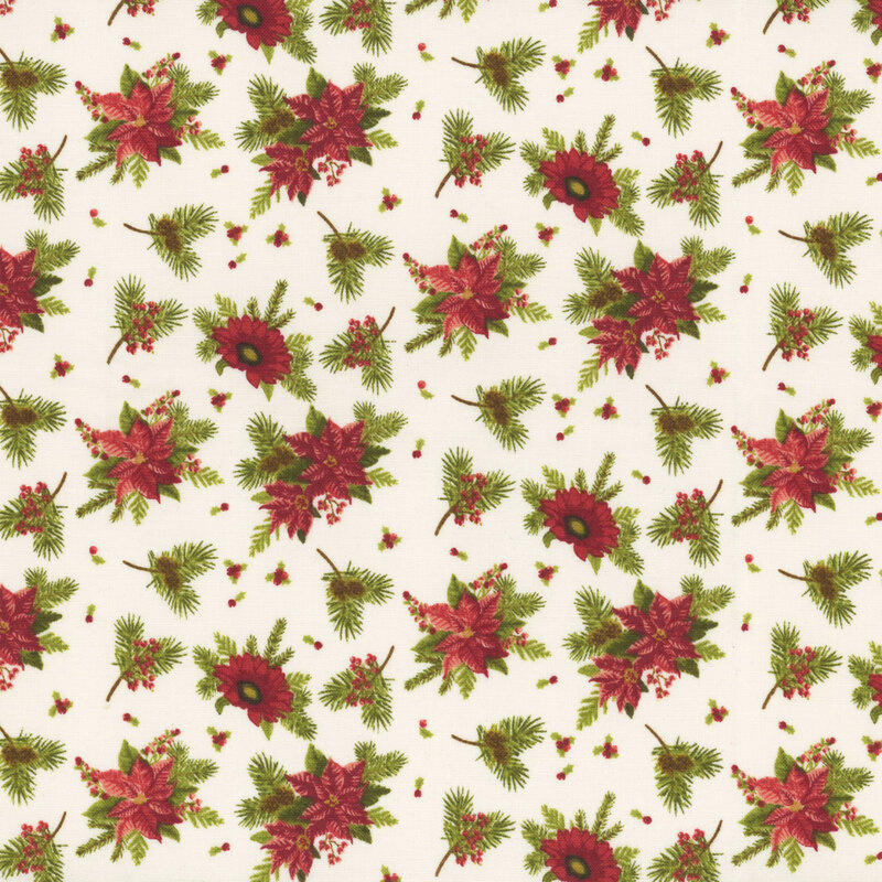 Floral fabric pattern with red poinsettias and green pine branches on a cream background.