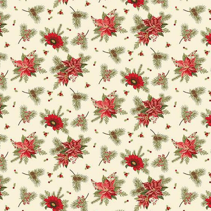 Floral fabric pattern with red poinsettias and green pine branches on a cream background.