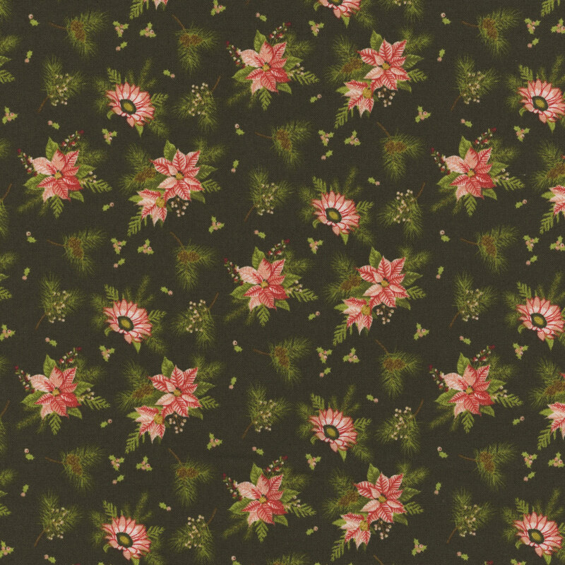 Floral fabric pattern with pink poinsettias and green pine branches on a dark green background.