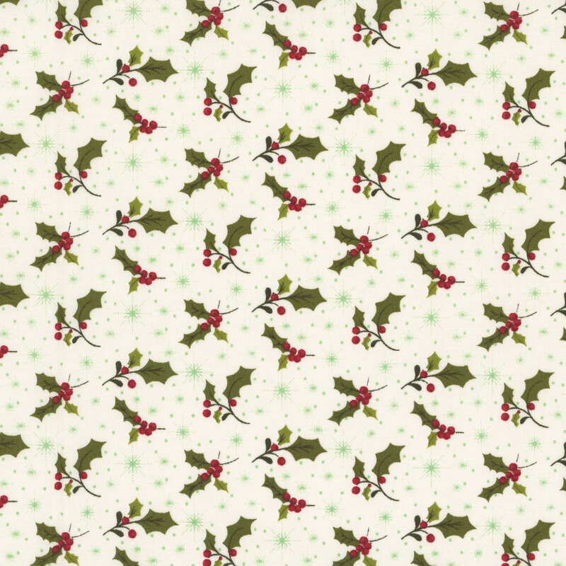 Fabric featuring holly leaves and red berries on a light cream background.