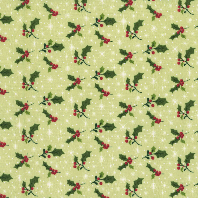 Fabric featuring holly leaves and red berries on a light green background.