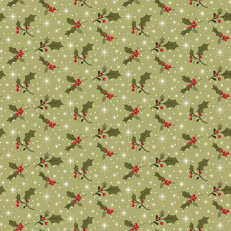 Fabric featuring holly leaves and red berries on a light green background.